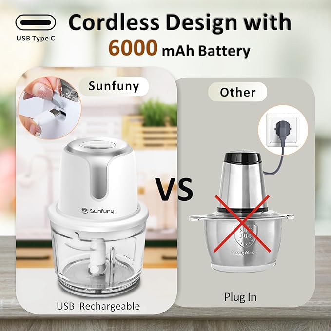 Food Processor Cordless, Small Wireless Chopper with 5-Cup Glass Bowl, 6000mAh Battery USB-C Rechargeable Electric Vegetable Chopper Meat Blender Kitchen Mixer for Garlic, Onion, Salad,Baby Food,White