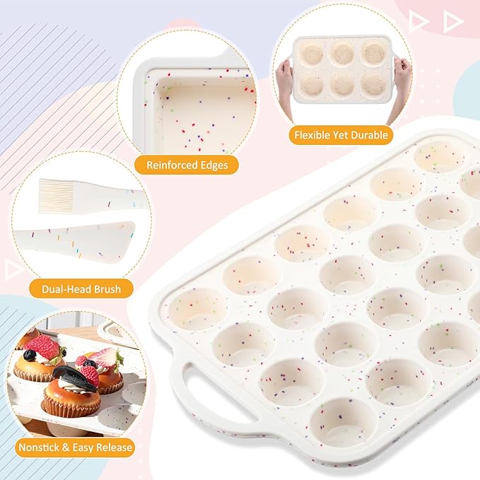 7 Pcs Silicone Baking Pan Set Nonstick Bakeware Set with 4 Molds (Loaf, Muffin, Mini Muffin, Round), Spatula, Dual-head Pastry Brush Oven Mitts for Cupcakes Brownies Bread, Confetti Design