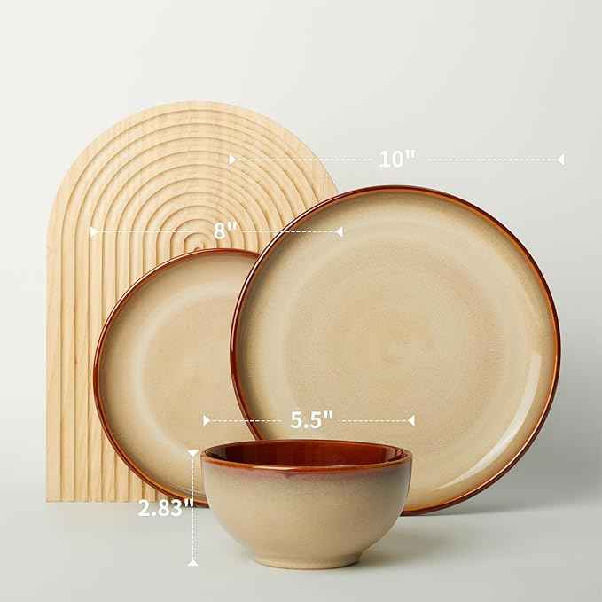 Ceramic Dishes Set for 8, 24 Piece Stoneware Dinnerware Sets, Chip and Scratch Resistant, Easy to Stack & Clean, Modern Rustic Look, Brown Yellow
