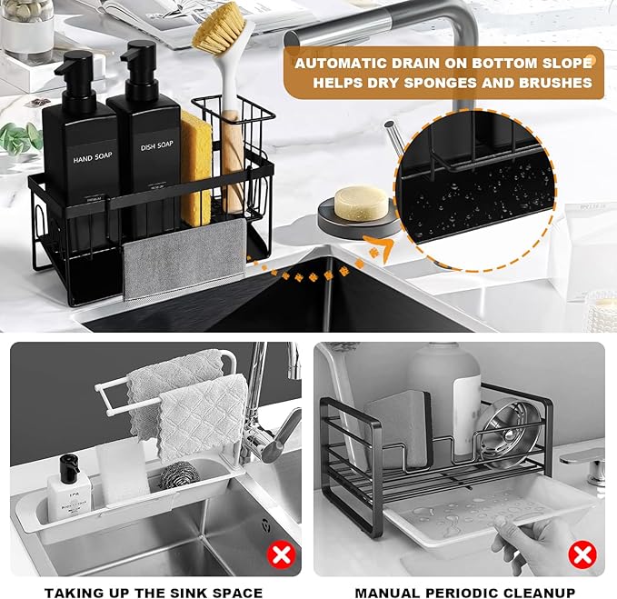 GMISUN Dish Soap Dispenser, 12 fl oz / 350 ml Dual Kitchen Soap Dispensers with Sponge Holder, Customized Matte Black Kitchen Soap Dispenser Set, Modern Hand and Dish Soap Bottle Set Removable