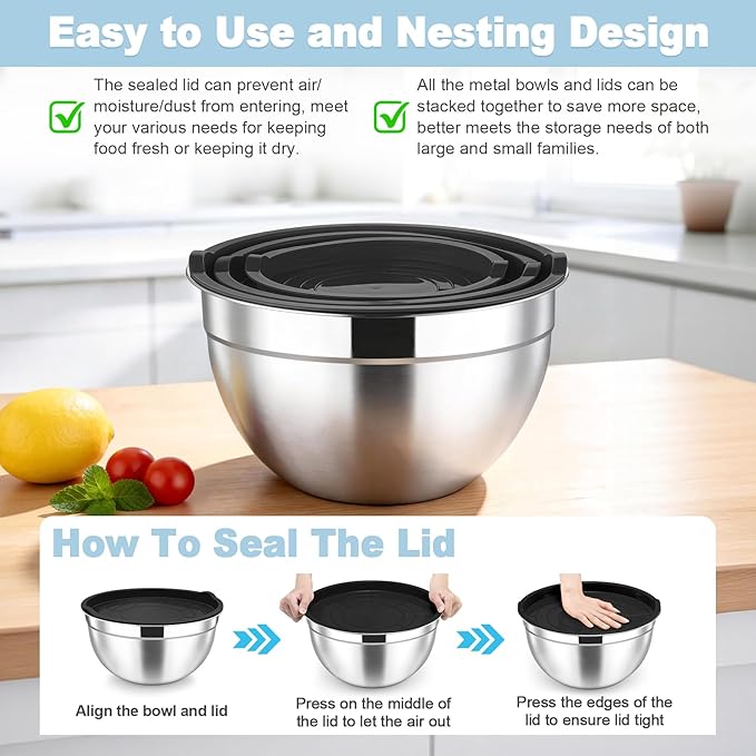 TeamFar Mixing Bowls, Stainless Steel Nesting Salad Bowls with Airtight Lids Set, For Serving/Mixing/Storing, Healthy & Long-lasting, Dishwasher Safe & Easy Clean, 4.6/3 / 1.5 QT, Black