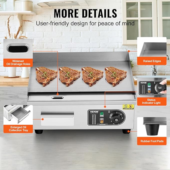 VEVOR Commercial Electric Griddle, 1700W Countertop Flat Top Grill, 18in Stainless Steel Griddle Grill with 2 Shovels and 2 Brushes for Home or Restaurant, 122℉-572 ℉ Adjustable Temp