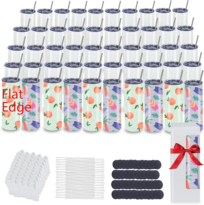 50 Pack 20oz Flat Edge Sublimation Tumblers Bulk, Sublimation Tumbler Blank, Skinny Straight Stainless Steel Blanks Cups with Individual Box (50, 20OZ FLAT EDGE)