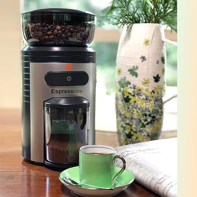 Espressione Professional Conical Burr Coffee Grinder, Black/Silver, 8.5-Oz.