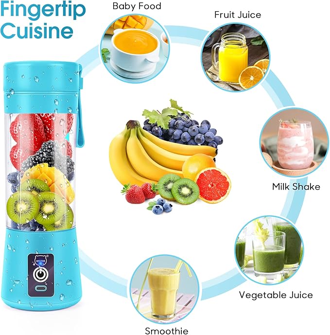 MIAOKE Portable Smoothie Blender, Personal Mini Juice Blender with Six Blades in 3D, USB Rechargeable Juicer Cup for Home/Office/Outdoors (Blue)