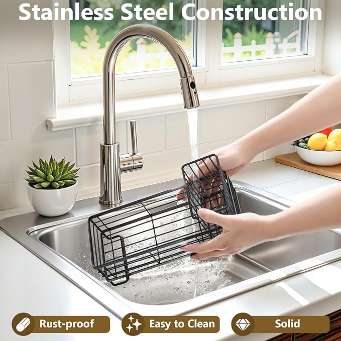 Shinowa Kitchen Dish Soap Dispenser Set, 14OZ Glass Bottle with Rustproof 304 Stainless Steel Sponge Holder and Instant Dry Tray, Hand and Dish Soap Dispenser Set for Kitchen Sink Organizer Decor
