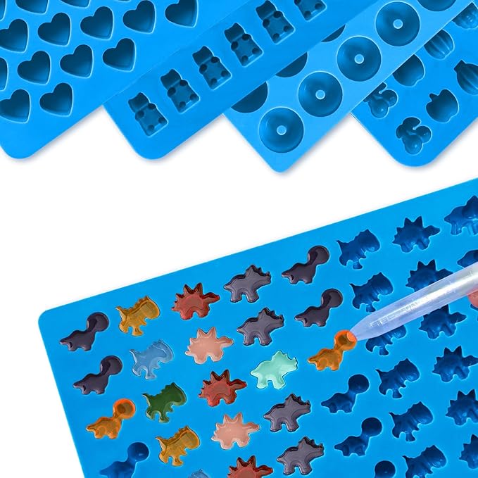 Sidosir 7Pcs Gummy Candy Molds, Gummy Bear/Dinosaur/Fruit/Donut/Hearts Molds, Non-stick Silicone Candy Chocolate Mold (5Shape+2Droppers)