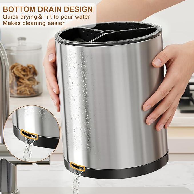 Extra Large Utensil Holder for Kitchen Counter, 360°Rotating Cooking Utensils Holder for Countertop, Stainless Steel Utensil Crock for Spatula,Spoon, 3 Compartment Metal Silverware Crocks for Flatware