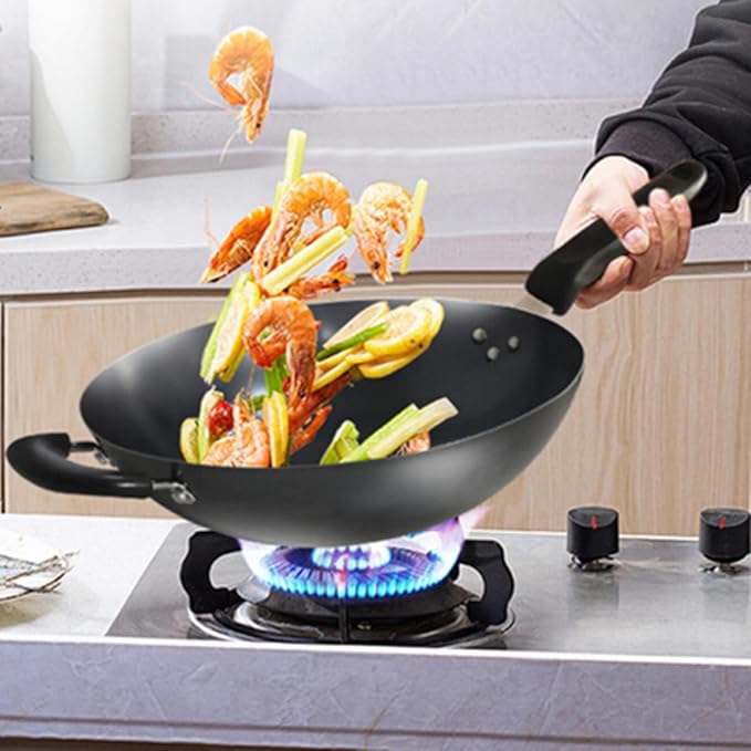 Carbon Steel Wok, Woks and Stir Fry Pans with Handle and Lid, Flat Bottom Chinese Stir Fry Wok, for Electric,Induction and Gas Stoves,Iron
