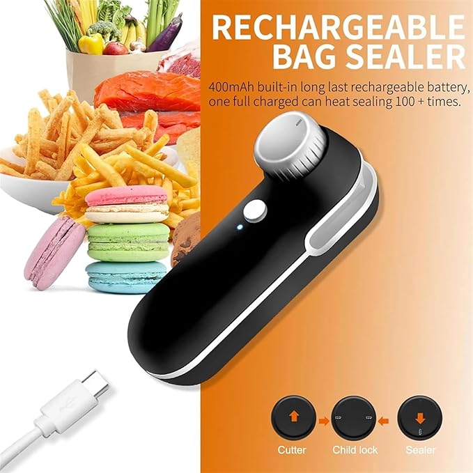 Mini Seale Portable 2-In-1 USB Rechargeable Mini Plastic Bag Heat Sealer In Black And White(2 Pack Black)