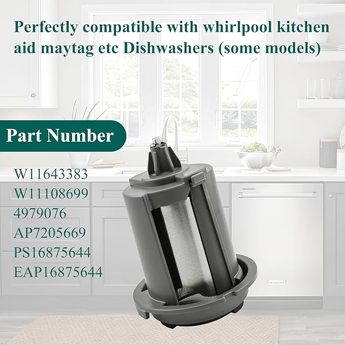 W11643383 Pump Filter Compatible with whirlpool maytag kitchen aid MDB4949SKZ0 KDTM404KPS1 KDTM404KPS0 etc dishwasher (Some Models), Replace Number: W11108699 4979076 AP7205669 PS16875644 etc