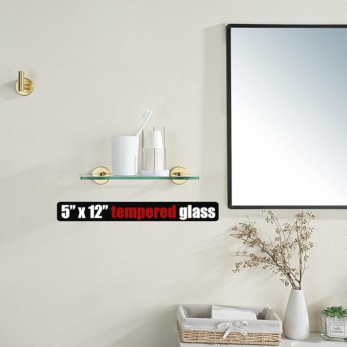 JQK Bathroom Glass Shelf Gold, Tempered Glass Shower Storage 12 by 5 inches, 304 Stainless Steel Brushed Gold Wall Mount, TGS101L12-BG