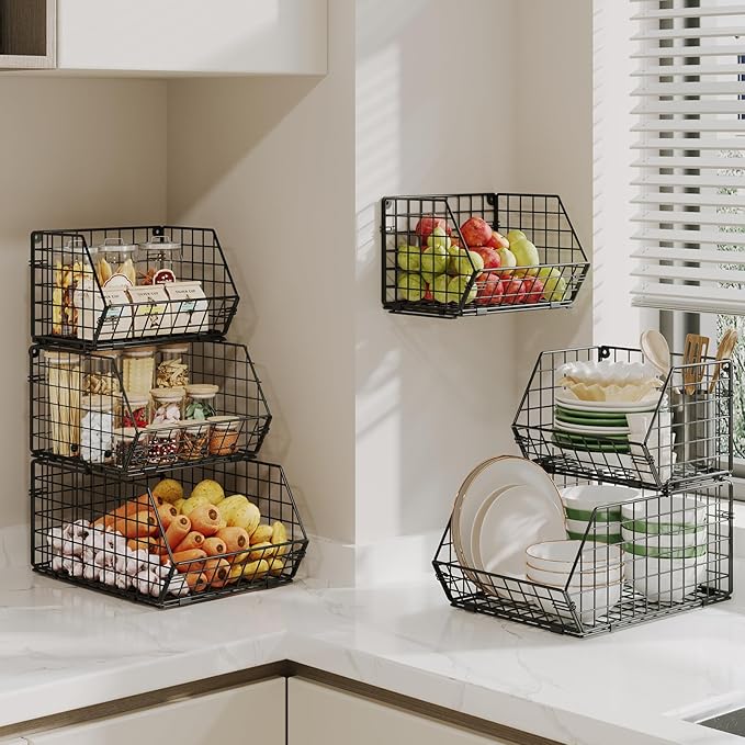 X-cosrack Stackable Wire Baskets for Counter, Fruit and Vegetable Storage, Potato and Onion Storage Bin，Kitchen Pantry Organizer - Wall Basket for Produce/Snack/Can, Large, Black