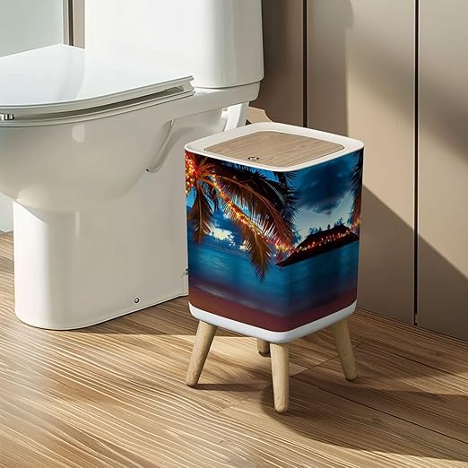 Small Trash Can with Lid Christmas Caribbean Beach Wastebasket with Press Cover Dog Proof Garbage Can Waste Bin for Kitchen Bathroom Nursery 2.6 Gallon