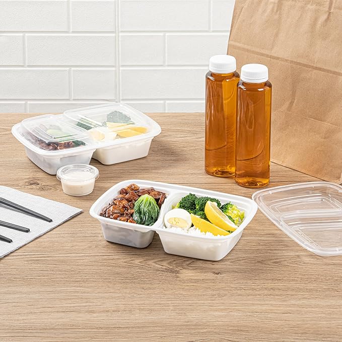 Restaurantware Asporto 32 Ounce Compartment Take Out Boxes 100 Microwavable Meal Prep Containers - 2 Compartments With Clear Plastic Lids White Plastic Food Containers Do Not Contain BPA