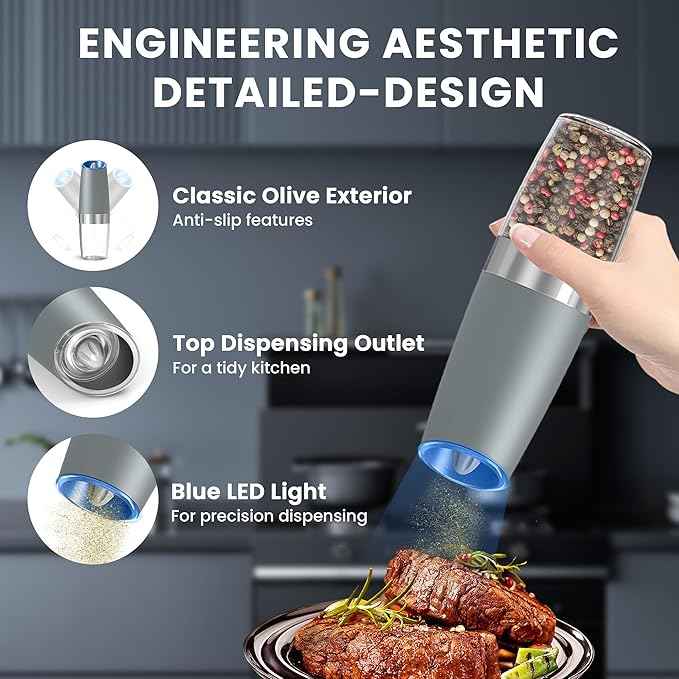Gravity Electric Salt and Pepper Grinder set of 2, Automatic Salt And Pepper Grinder Set, Adjustable Roughness, Battery Powered, LED Light, 2 Pack, (Light Grey)
