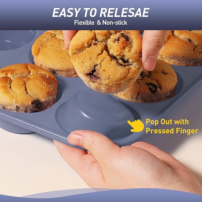 Socisen 2 Pack 6 Cups Jumbo Muffin Pan with Metal Reinforced Frame Silicone Molds Egg Bites Silicone Circle Cookie Molds Extra Large Muffin Tin Jumbo Tart Pans Baking Sheet Set for Sandwiches