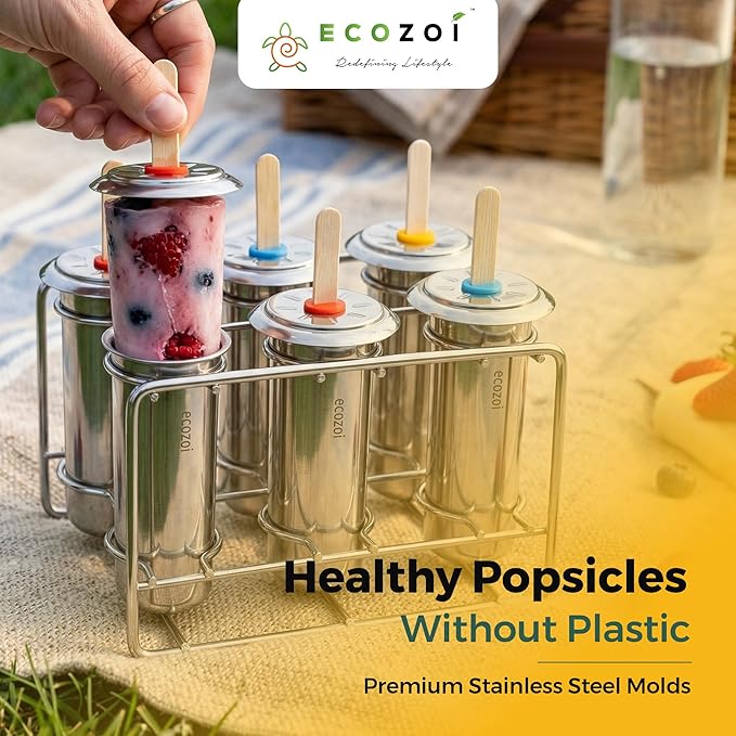 Ecozoi Stainless Steel Popsicle Molds, 6 Metal Ice Popsicle Makers, 30 Reusable Bamboo Sticks, 12 Silicone Seals and 1 Rack, Eco Popsicle Molds for Kids and Adults, 3 oz Per Mold (Round)