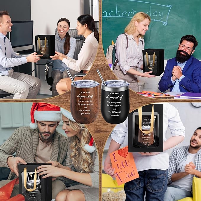 Patelai 30 Pcs Thank You Gift Set for Colleague 12oz Stainless Steel Coffee Mug Wood Grain Cups with Lid and Straw Pens Card Bags Set for Coworker Fathers Day Husband Male Friends Staff