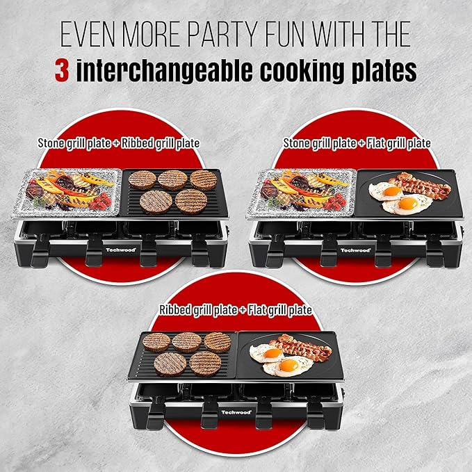 Raclette Grill, Techwood Electric Indoor Grill with 2 Reversible Non-stick Grill Griddle Plates, 1 Stone Grill Plate, 1500W Fast Heating with 8 Cheese Pans, Ideal for Parties and Family Fun, Black