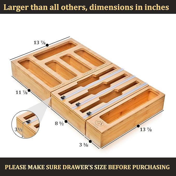 9 IN 1 Bamboo Foil and Plastic Wrap Organizer for Kitchen Drawer, Plastic Bag Organizer Organization and Storage, Food Storage Bag Organizer with Labels for Quart Gallon Snack Sandwich