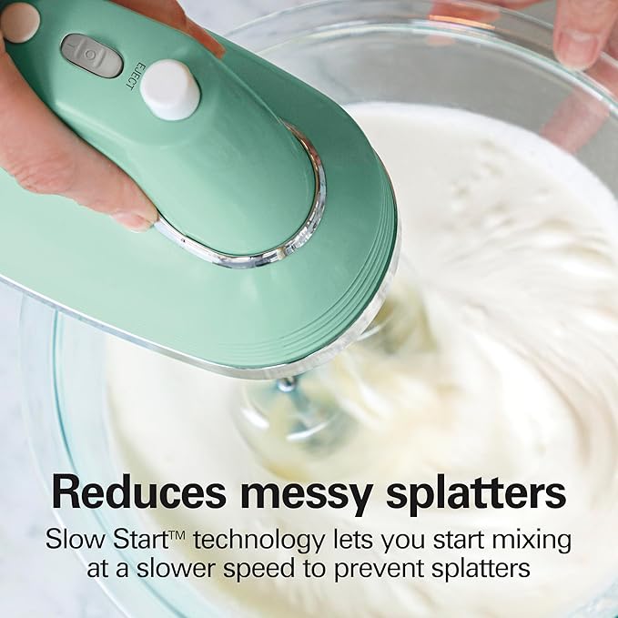Hamilton Beach Vintage-Style 5-Speed Electric Hand Mixer, Powerful 1.3 Amp DC Motor for Effortless Mixing & Consistent Speed in Thick Ingredients, Slow Start, Beaters and Whisk, Green (62601N)