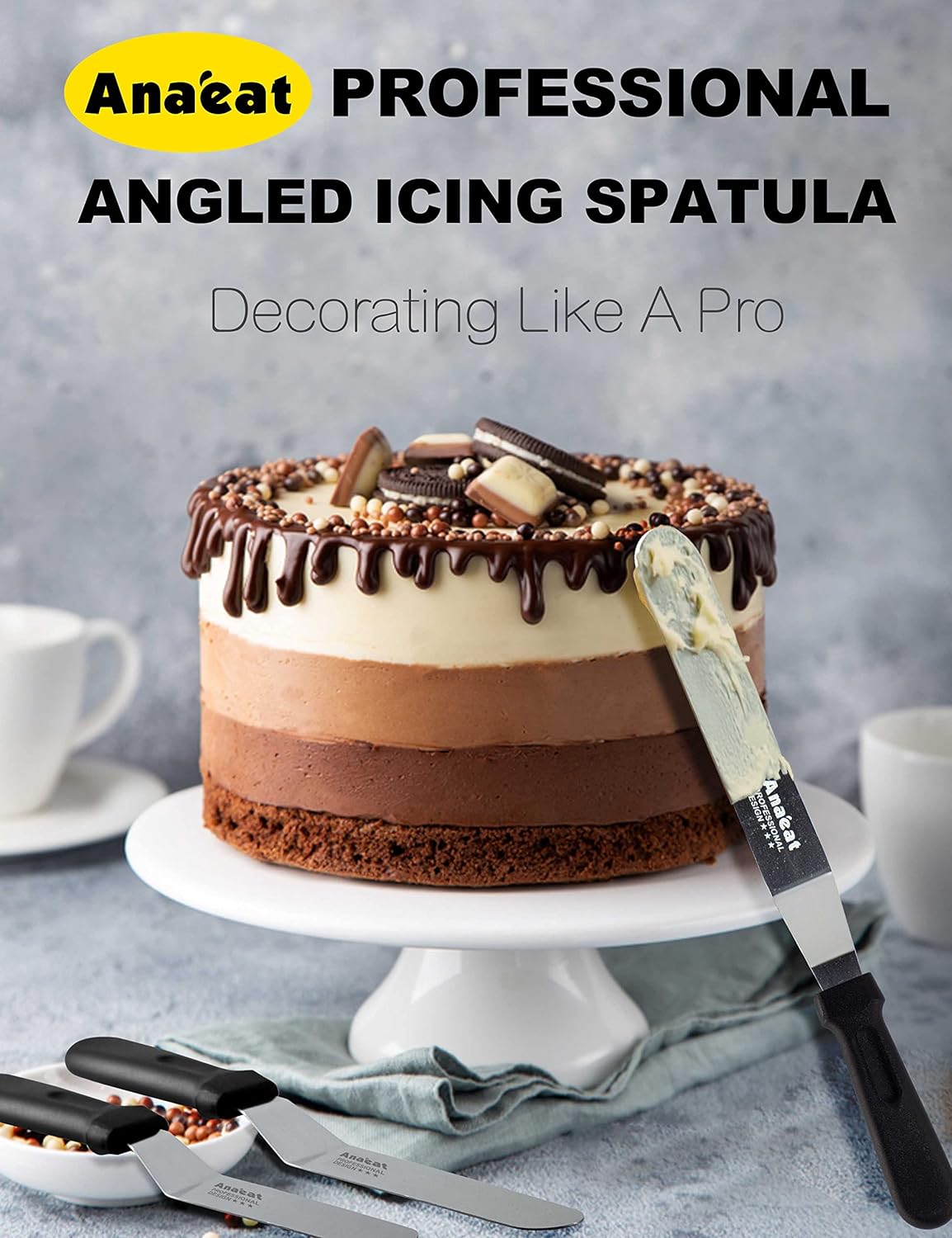 Anaeat Icing Spatula, 3 Pieces Professional Angled Offset Frosting Spatulas with 6", 8", 10" Stainless Steel Blades & 4 Pack Cake Smoother Scraper for Cake Decorating, Baking & Pastry (Set of 7)
