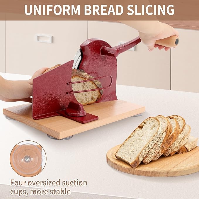 CAWIU Manual Bread Slicer with Hand Crank- Adjustable Thickness Bread Cutter for Even Slices, Perfect for Homemade Sourdough, Sandwich, and More, Red