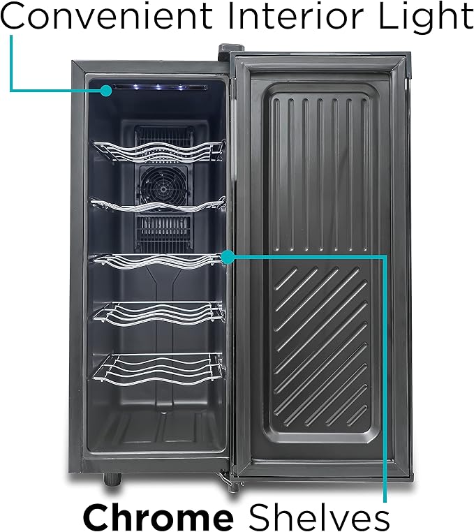 BLACK+DECKER Wine Fridge 12 Bottles, Thermoelectric Wine Cooler Refrigerator with Mirrored Front, Freestanding 12 Bottle Wine Fridge, BD60336