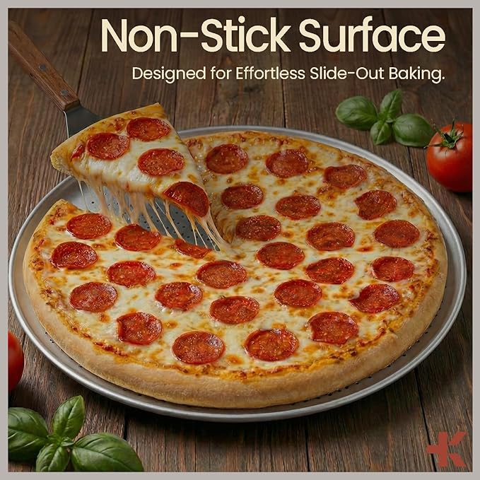 Bakken 16 Inch Non-Stick Pizza Pan 2 Pack, Round Carbon Steel Pizza Tray with Perforated Holes, PFOA, PFOS, & PTFE-Free, Dishwasher & Oven Safe Up To 450°F, Durable Nonstick Coating, Silver