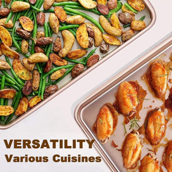 Wildone 2 Pack Half Sheet Baking Pans, Nonstick Baking Sheet for Oven, Thicker Carbon Steel Cookie Sheet 17.5x12 Inch, Heavy Duty & Easy Clean, Rose Gold