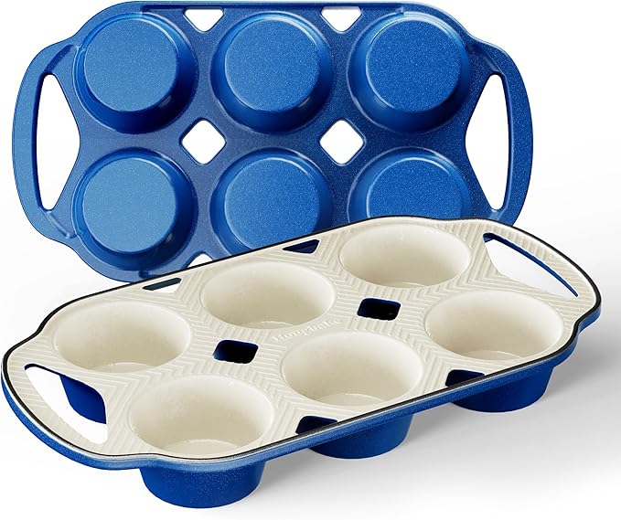 HONGBAKE Everline Collection Enameled Cast Iron Muffin Pan, Non Tocix Naturally Muffin Tin 6, Non Stick Cup Cake Pans for Baking, Oven & Stovetop Safe, Standard Size, 2 Pack, Blue