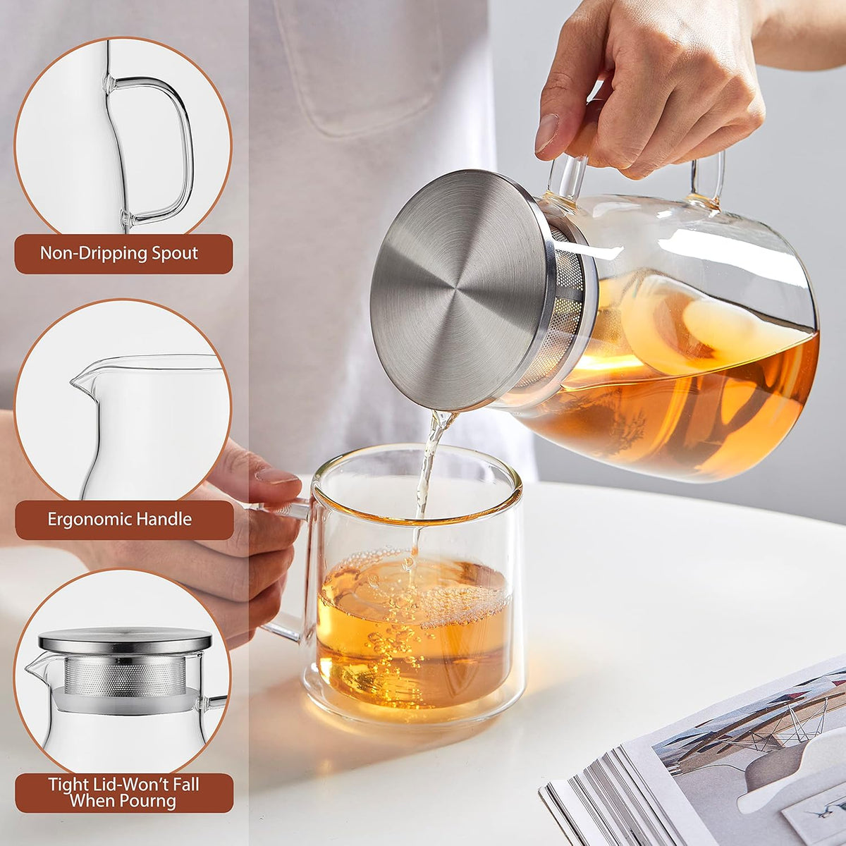 CNGLASS One-Touch Glass Teapot, 27oz(800ml) Glass Tea Kettle with Stainless Steel Filter Lid, Stovetop Safe Loose Leaf Tea Maker