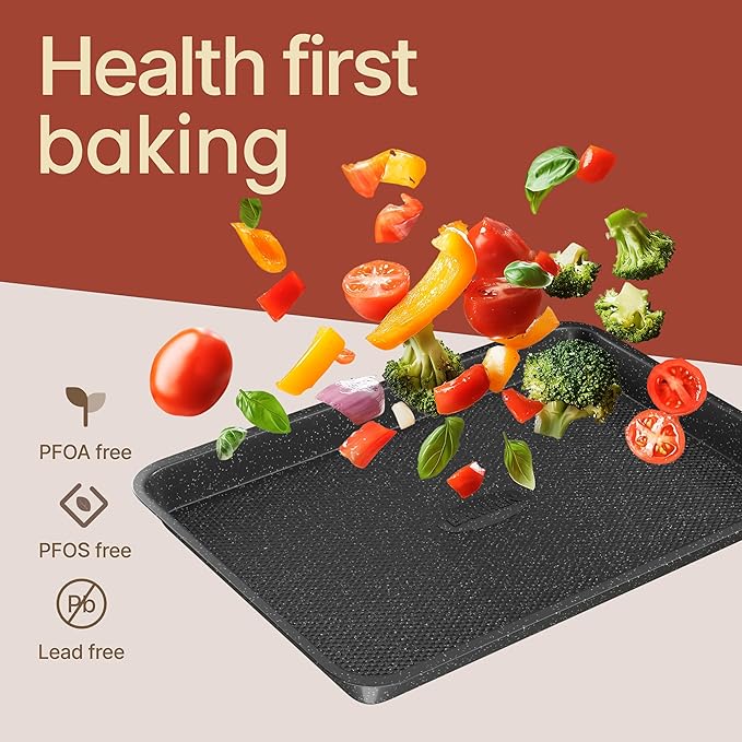 BAKKEN Kitchen Baking Pans - Nonstick Gray Coating, 13.58’’ × 9.65’’ Commercial Grade Carbon Steel Cookie Sheet, Diamond Texture Bottom, PFOA, PFOS, PTFE Free, Oven Safe Tray (450°F), Gray Marble