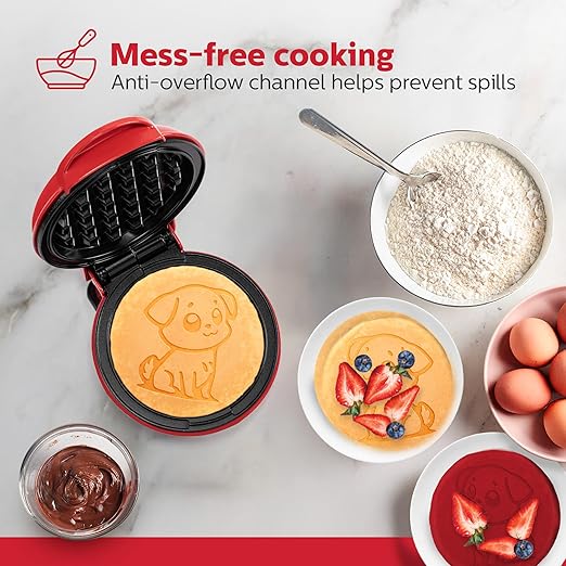 Holstein Housewares Puppy Personal Waffle Maker – Dog-Shaped, 4-Inch Non-Stick Red Mini Waffle Iron for Fun Breakfasts, Kids & Pet Lovers