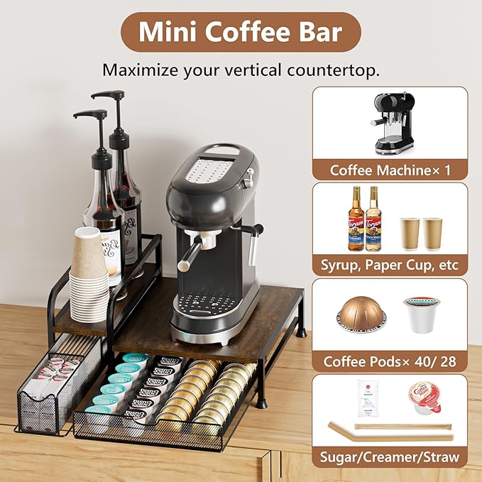 Coffee Bar Organizer with Pod Holder Drawer, 4 Syrup Bottle 40 Pods Capacity for Nespresso, Coffee Station Organizer for Most Single-Serve Brewers, Countertop K Cup Holder for Kitchen Cafe Office