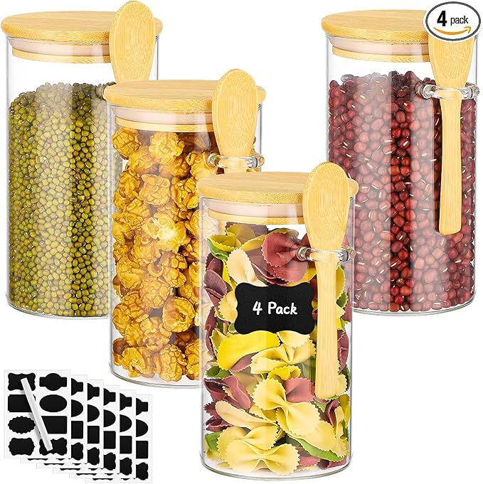 Glass Jars with Bamboo Lids and Spoon - 4 Pack 23 Fl.oz Glass Jars with Airtight Lids, Includes Labels and Marker, Pantry Canister for Cereal, Tea, Flour Sugar Coffee Containers