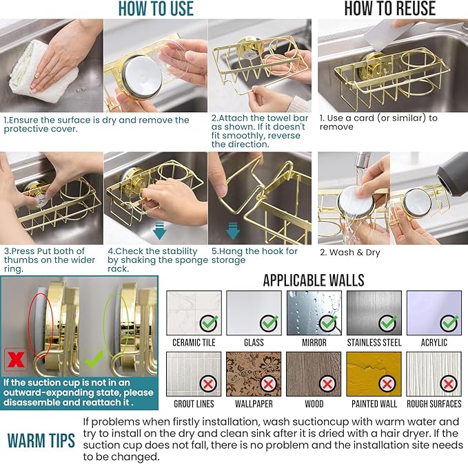TAILI Sponge Holder with Strong Suction Cup, 4-in-1 Rustproof Sink Organizer - Sink Caddy Holds Sponges, Brushes, Stoppers & Scrapers -Gold