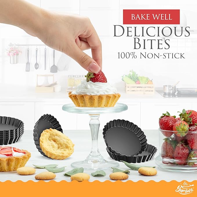 4 Inch Round Tart Pan 8 Pieces, False Bottom Pie Pan, Deep Fluted Tart and Quiche Pan with Removable Bottom - Non-Stick Tart Pan