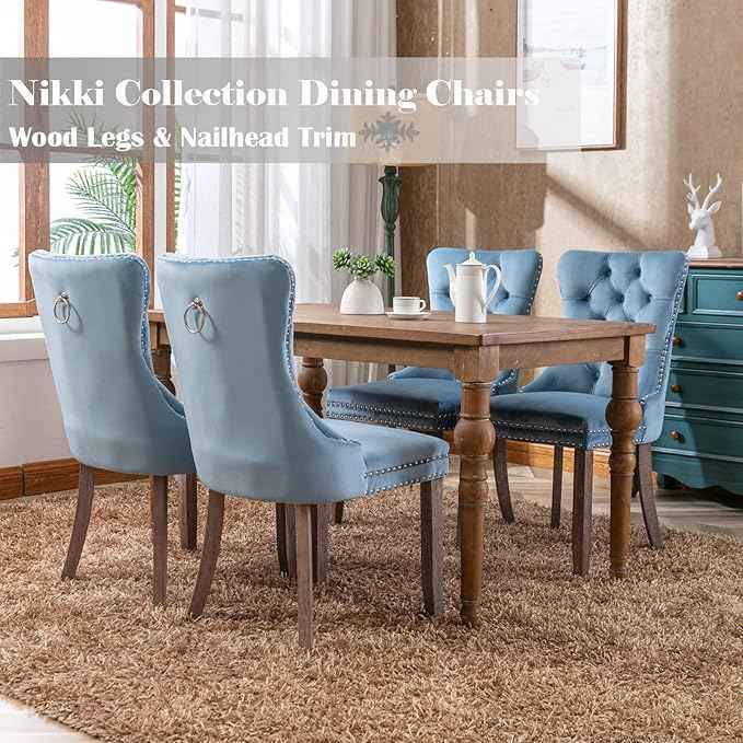 Upholstered Dining Chairs Set of 6, Velvet Dining Room Chairs with Back Ring Pull Trim and Solid Wood Legs, Tufted Wingback Kitchen Chair Perfect for Dining Room,Living Room,Kitchen(Light Blue)