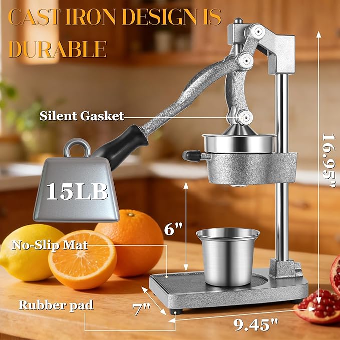 Cast Iron Manual Juicer Hand Press, Lemon Squeezer, Commercial-Grade Citrus Press Suitable for Oranges, Lemons, Limes, and Pomegranates Easy to Clean Includes Stainless Steel Cup, Gray