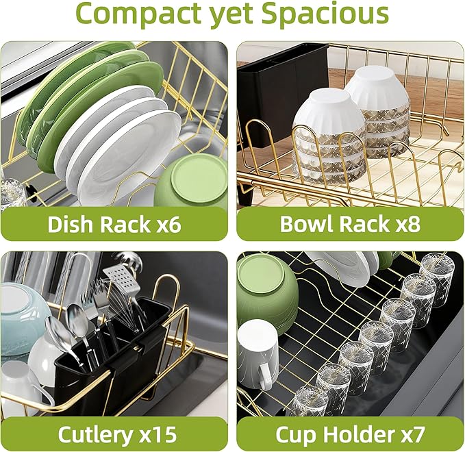 Golden Expandable Dish Drying Rack with Silicone Drying Mat-Extra Large Stainless Steel Dish Drainer Over The Sink with Utensil Holder, Applicable for Sink Width 16'-22' (Gold,23.2'*12.2')