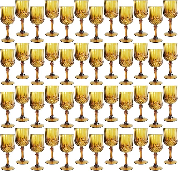 Plastic Wine Glasses, Plastic Goblets Vintage Style Cordial Unbreakable Drinking Glasses, Reusable Drinkware for Wedding Reception, Grand Event Party Supplies (48, Amber)