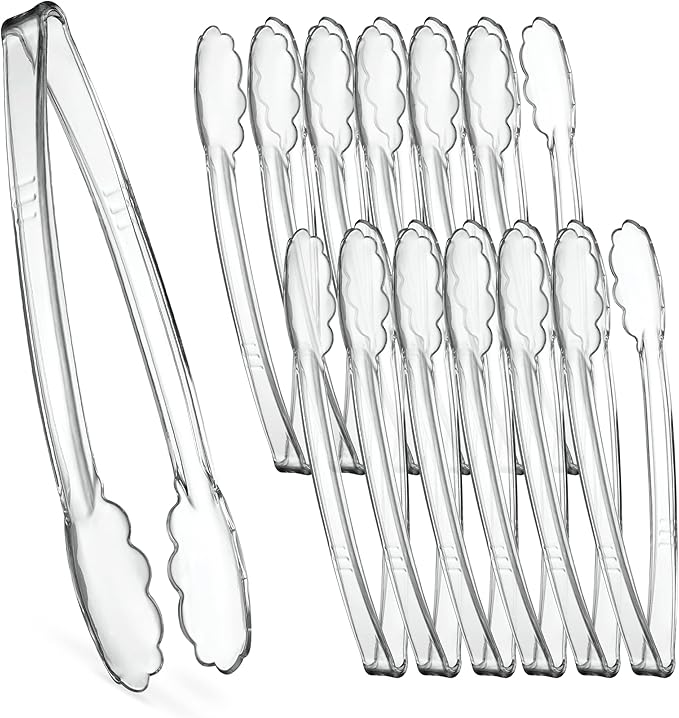 [Clear Tongs 12'' Inches] Plasticpro 12'' Serving Tongs Heavy Duty Reusable Kitchen and BBQ Clear Serving Tongs for party's, Caterings, Events, Buffet, Weddings, And every Day use Pack of 12