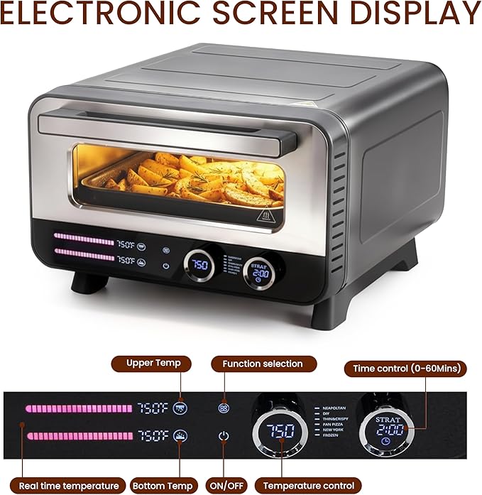 Simple Deluxe 1600W Indoor Electric Pizza Oven, 6 Cooking Modes for 12" Pizza, Fast Heating with Dual Independent Temp Control, Includes Pizza Stone & Spatula, Silver