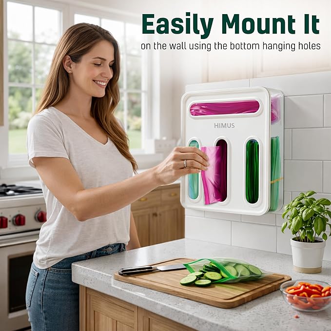 HIMUS Food Storage Bag Organizer - 4 in 1 Plastic Baggie Organizer for Drawer | Compatible with Sandwich, Snack, Gallon, Quart & Slider | Plastic Bag Organizers Kitchen Storage| Wall & Drawer Mount