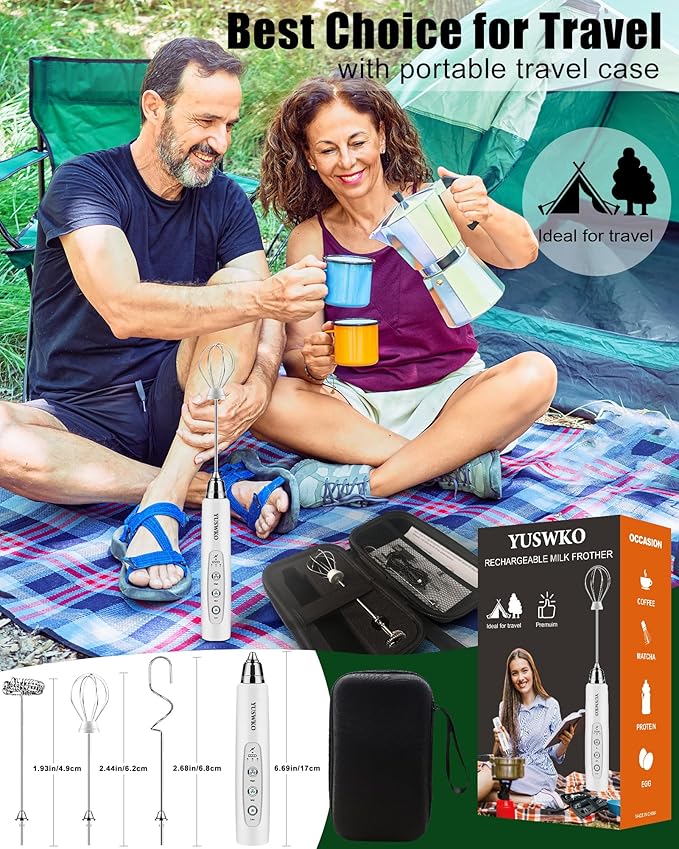 YUSWKO Rechargeable Milk Frother Handheld Frother Wand Drink Mixer for Coffee, Electric Whisk 3 Speed Adjustable, Coffee Foamer Maker with 3 Stainless Whisks Ideal Stirrers for Travel - White