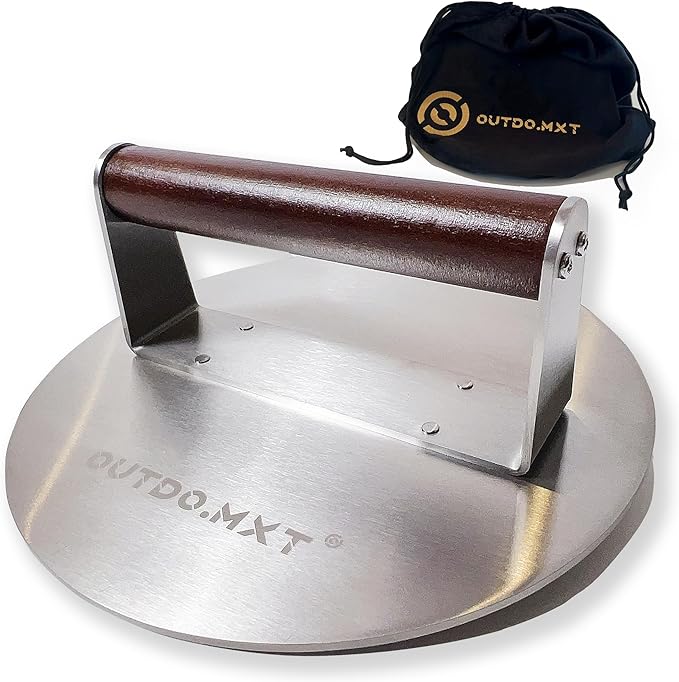 Stainless Steel 8.5" Smash Burger Press, Heavy Duty 2.5lb Burger Smasher with Wooden Handle and Velvet Fabric Storage Bag for Griddle,Grill Press for Hamburger, Bacon,Barbecue Grilling Tool