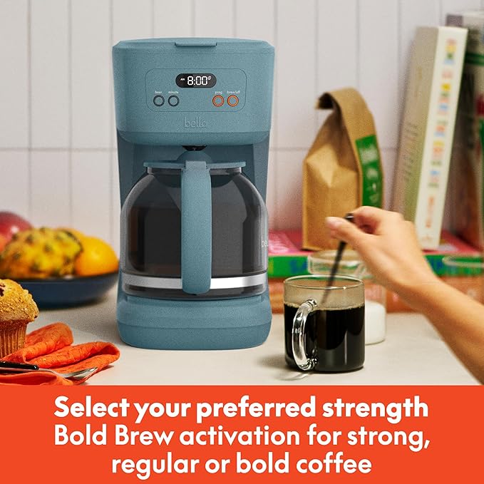 bella 12 Cup Programmable Coffee Marker, Reusable Dishwasher Safe Accessories, Easy LCD diaply, Auto Shutoff, 900 watt, Surf