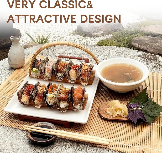 Wooden Taco Holder Stand for Sushi Hand Roll, Temaki & Sushi Roll – 1/2/3/5 Slot Sushi Display Tray, Natural Wood Serving Platter (2 pcs per Pack) (1 Slot (2 pcs))
